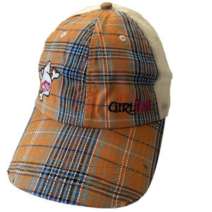 Girl Tuff Cap Trucker Hat Mesh Back Orange Plaid Embroidered Skull Logo SnapBack